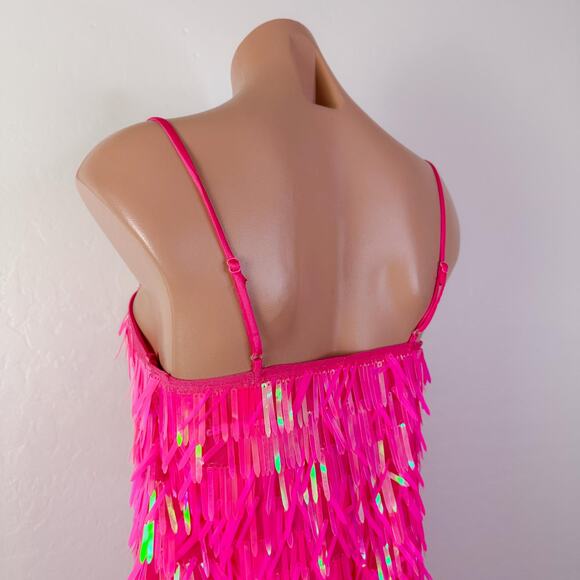Hot Pink Fringe Sequins Mini Dress Formal Party Popstar Showgirl Girly Sz XS NWT - Picture 9 of 13